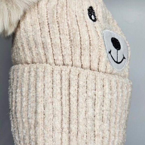 Beige Kids Teddy Bear Sherpa Lined Soft Knit Pom Pom Beanie Winter Hat - Picture 5 of 7